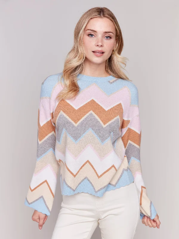 Chevron Knit Bell Sleeve Sweater Spandex Rayon Corduroy