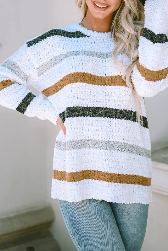 Cora Striped Popcorn Knit Sweater Cable Knit Ribbed Knit Lace Knit