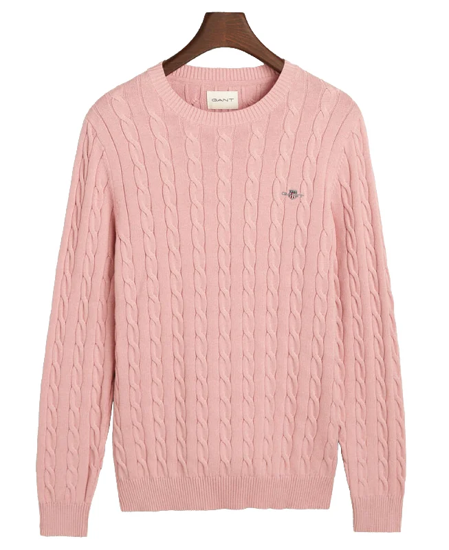 Cotton Cable Crew Neck Sweater - Dusty Pink Thin Thick Dense