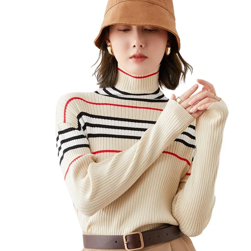 EMG Design Women's Fine Fashion Autumn Winter Stylish Stripes Designer Sweater Mesh Blend Leather Blend Suede Blend