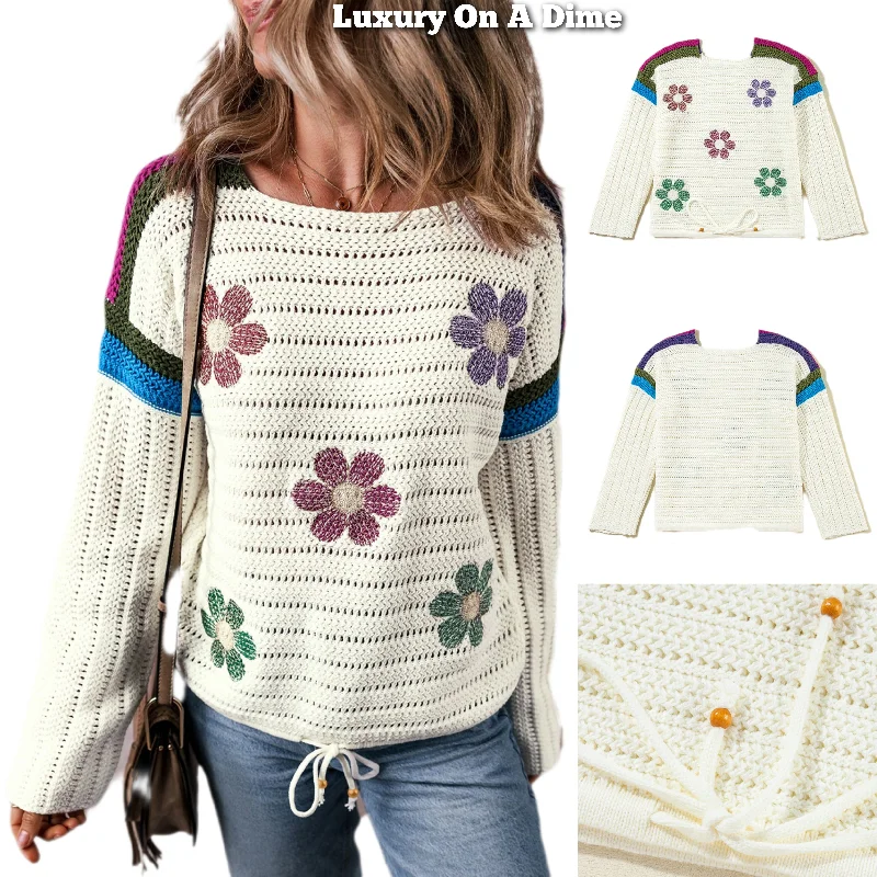 Colorful Crochet Daisy Retro Flower Hippie Long Sleeve Top Drawstring Hem Knit Sweater Welt Pockets Slit Pockets Flap Pockets