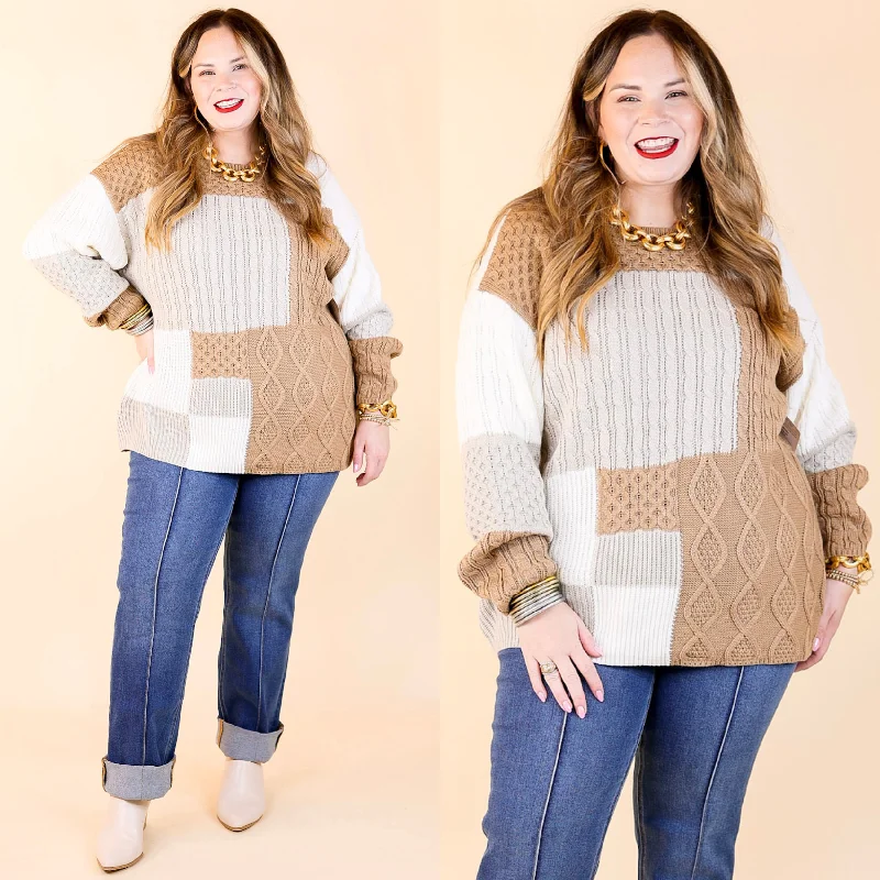 Frozen Lake Mix Knit Color Block Sweater in Ivory, Tan, and Grey Embroidered Appliqued Beaded