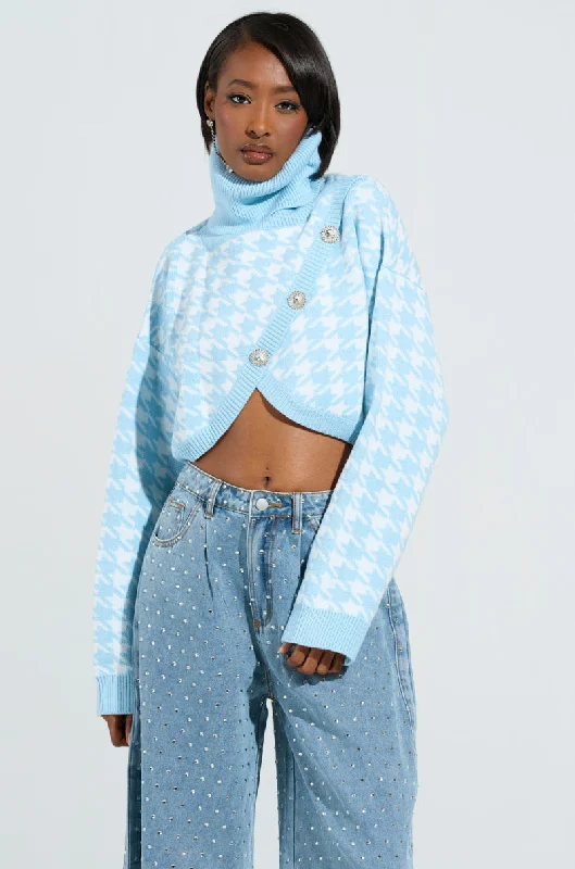 LALA HOUNDSTOOTH PRINT TURTLENECK SWEATER IN BLUE Embroidered Appliqued Beaded