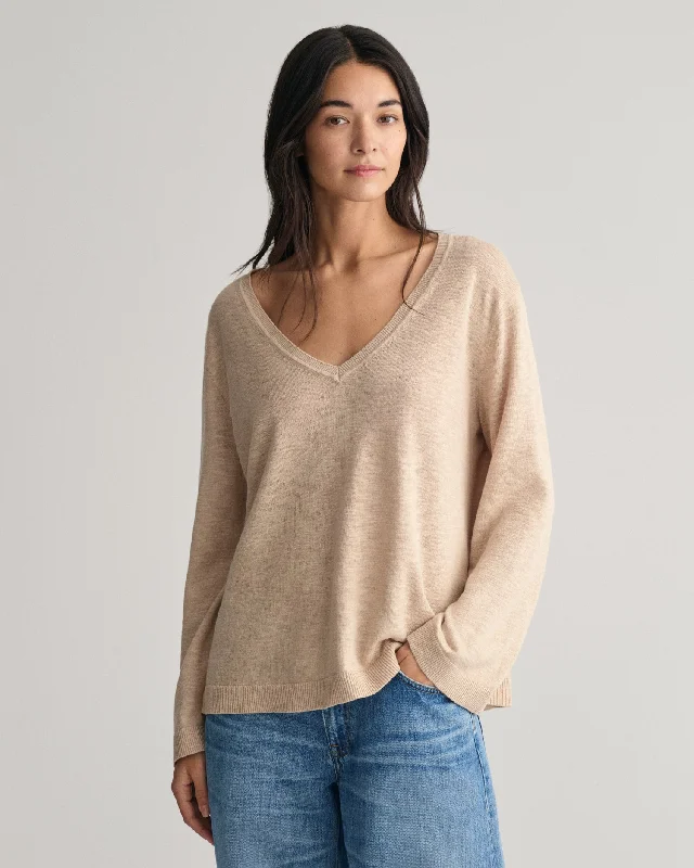 Linen Blend V-Neck Sweater - Dry Sand Modern Contemporary Chic