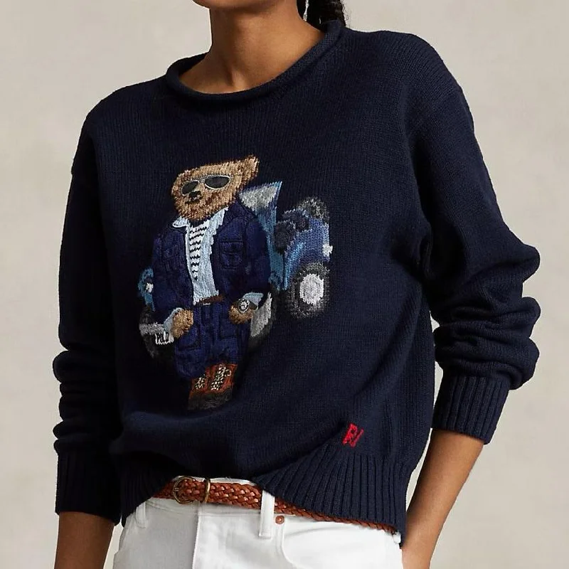 Luxury  Knitted Bear Women Navy Sweater Solid Color Striped Floral Print