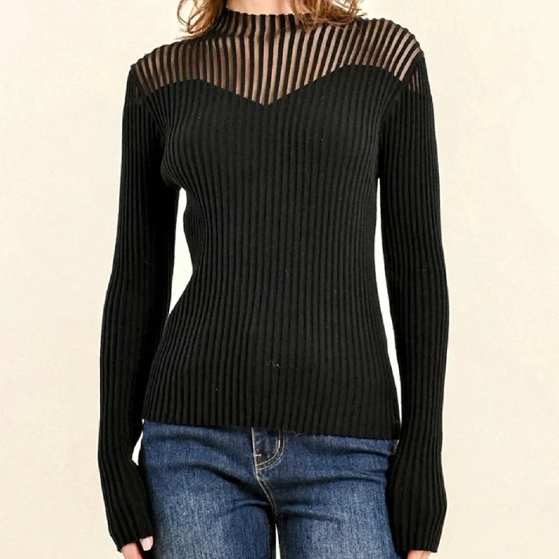 Molly bracken black ribbed sweater/fishnet bust Print Jacquard Patchwork