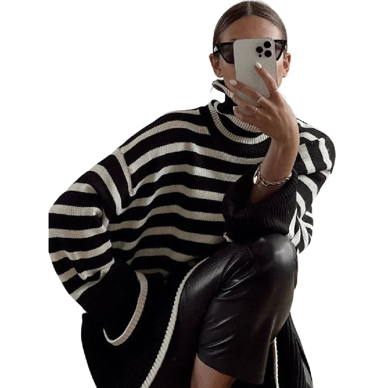 Monochrome Striped Oversized Turtleneck Sweater Satin Fabric Silk Fabric Chiffon Fabric