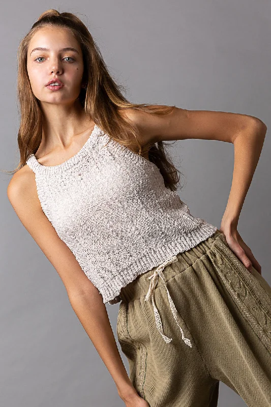 Oatmeal Sweater Halter Top Solid Print Embellished