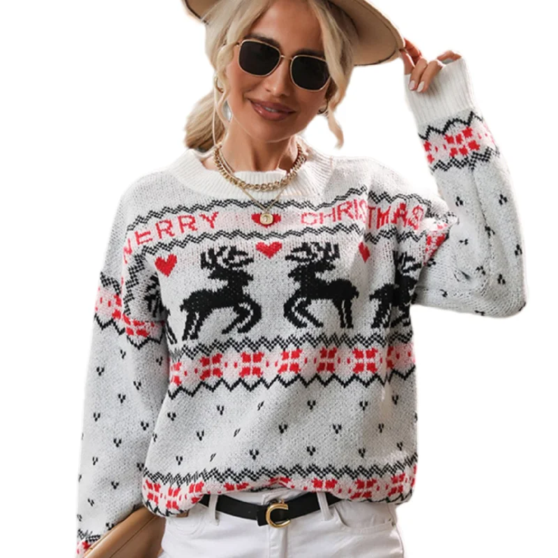 Reindeer Heart Knit Round Neck Holiday Long Sleeve Fair Isle Christmas Sweater Cotton Fabric Linen Fabric Terry Fabric