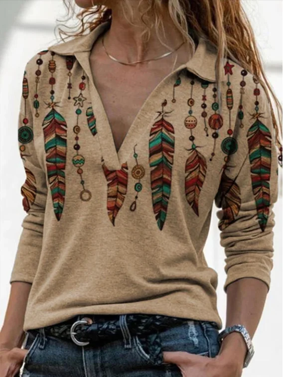 Retro Long-Sleeved Printed V-Neck Shirt Sweater Anti-Pilling Anti-Shrink Durable