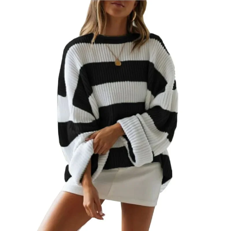 Ribbed Striped Oversized Sweater Striped Floral Plaid