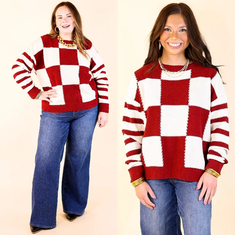 Split Decision Dual Patterned Long Sleeve Sweater in Maroon Elegant Classic Vintage