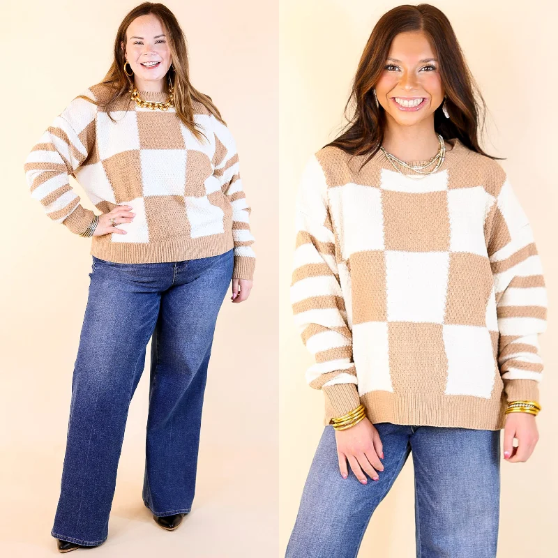 Split Decision Dual Patterned Long Sleeve Sweater in Mocha Brown Bright Pastel Dark