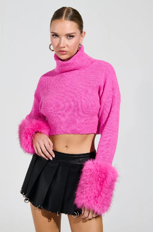 SYDNEY FUR CUFF CROPPED SWEATER IN HOT PINK Mesh Sweater Canvas Denim