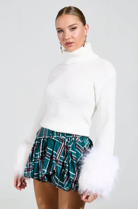 SYDNEY FUR CUFF SWEATER IN IVORY Silk Blend Satin Velvet