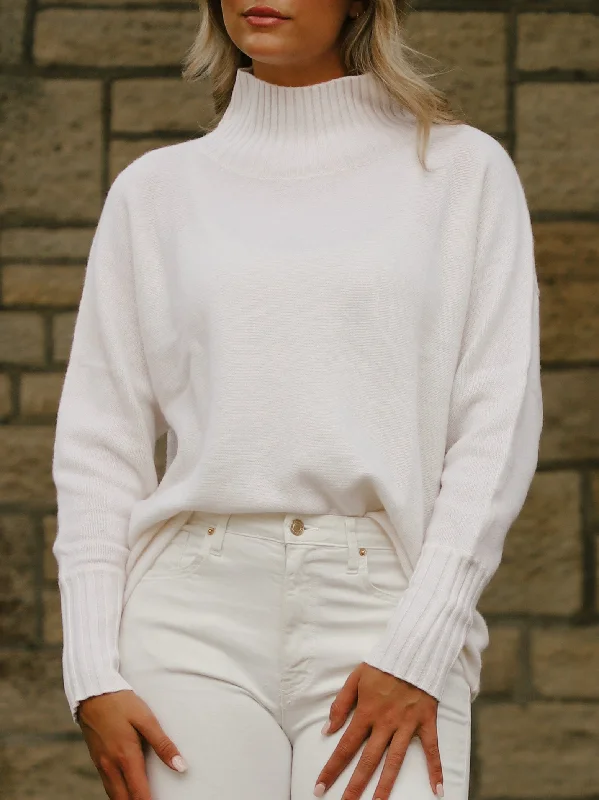 Tenlea Hunter - Cashmere Dolman Stand Neck Sweater in Soft White Chenille Blend Fleece Blend Nylon Blend