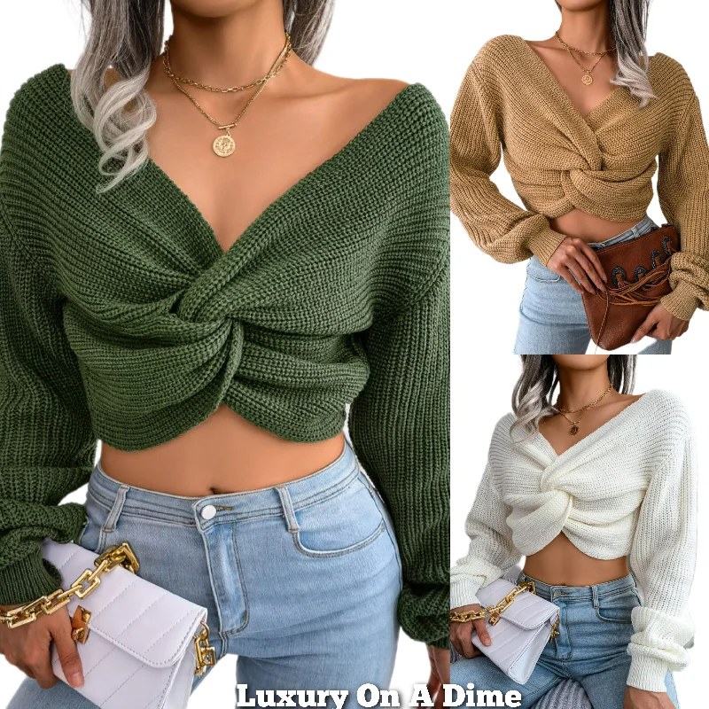 Twist Knot Waffle Knit Sweater Wrap Crop Top Long Sleeve V-neck Shirt Nylon Fabric Polyester Fabric Spandex Fabric