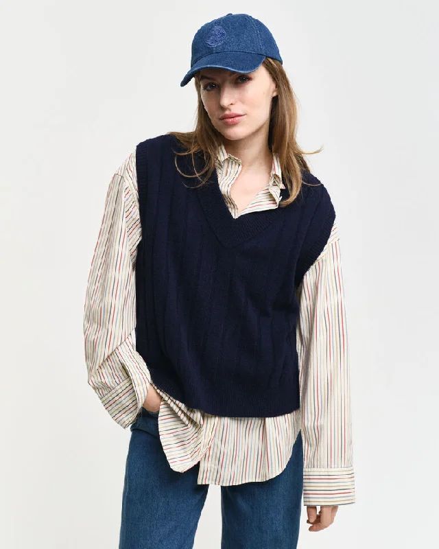 Wide Ribbed Wool V-Neck Sweater Vest - Evening Blue Transparent Opaque Sheer