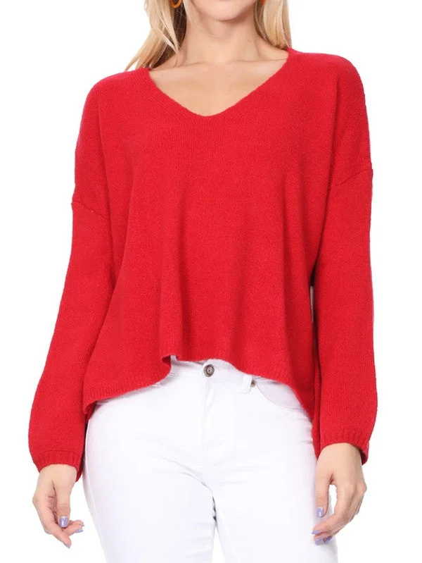 Wide V-Neck Oversized Sweater Top w. Side Slit Front Pockets Side Pockets Patch Pockets