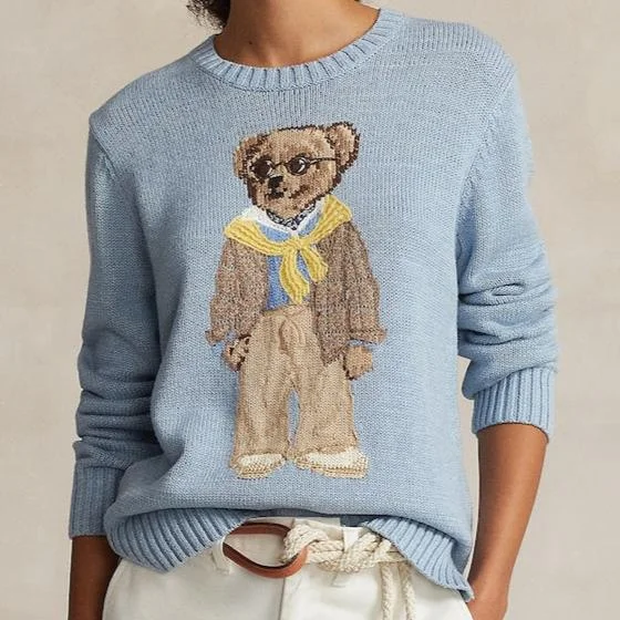 Women Light Blue Polo Bear Crewneck Sweater Wool Sweater Cotton Sweater Cashmere Sweater