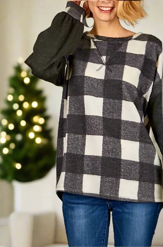 Womens Christmas Plaid Sweater, Long Sleeve Top, Sizes S/M/L, Black/White Collared Crew Neck Turtle Neck