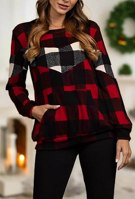 Womens Christmas Red Plaid Top, Holiday Sweater, Long Sleeve Shirt, Sizes S/M/L, Black/Red/White Ribbed Striped Patterned