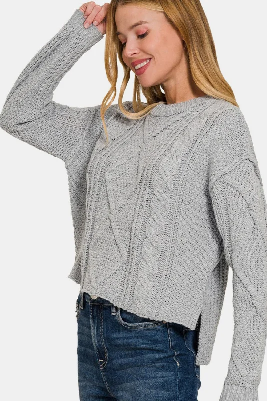 Zenana Cropped High Low Cable Sweater with Side Slits Ribbed Striped Patterned