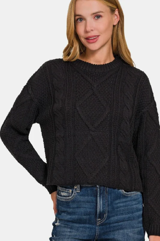 Zenana Cropped High Low Cable Sweater with Side Slits Sweater Knitwear Pullover