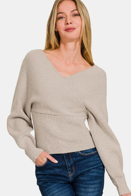 Zenana Cross Wrap Rib Long Sleeve Sweater High Neck Crew Neck V-Neck