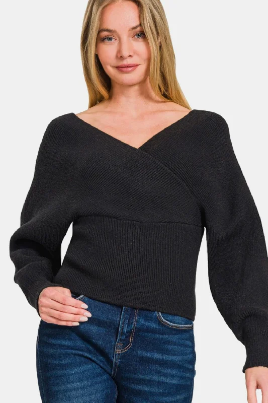 Zenana Cross Wrap Rib Long Sleeve Sweater Turtle Neck Boat Neck Asymmetrical Neck