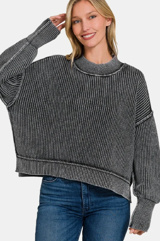 Zenana Exposed Seam Round Neck Dropped Shoulder Sweater Fleece Sweater Nylon Polyester