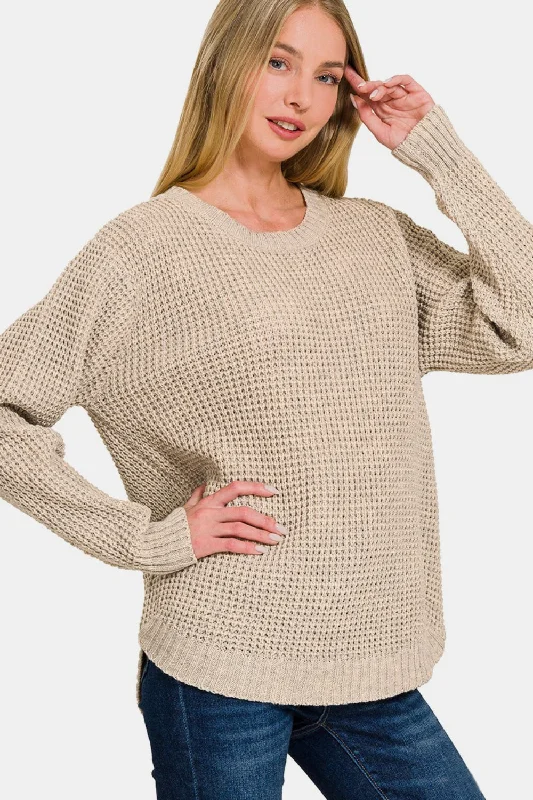 Zenana High Low Long Sleeve Waffle Sweater Hooded Sweater Collared Sweater Shawl Collar