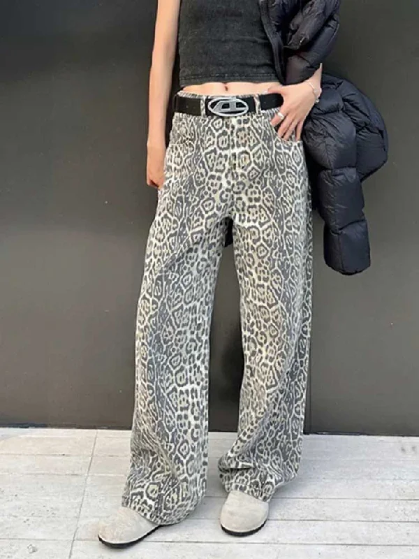 American Retro Leopard High Waist Baggy Jeans Women Casual Pants Fashionable Distressed Jeans American Retro Leopard High Waist Baggy Jeans Women Casual Pants Fashionable Distressed Jeans