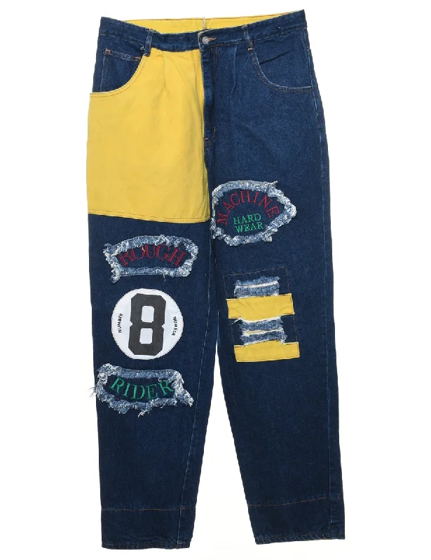 High Waist Tapered Dark Wash Appliqued Jeans - W32 L30 Trendy Patchwork Denim Jeans