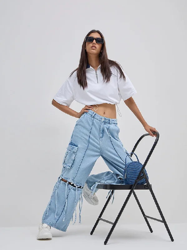 Nuon Light Blue Cargo-Style Relaxed - Fit High - Rise Jeans Comfortable Straight-Legged Denim Nuon Light Blue Cargo-Style Relaxed - Fit High - Rise Jeans Comfortable Straight-Legged Denim
