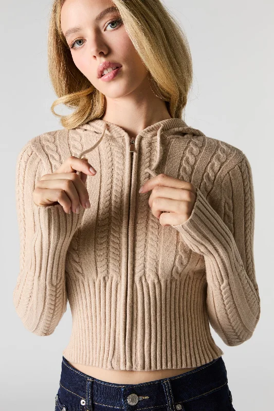Cable Knit Zip-Up Hooded Sweater Chenille Brocade Lace