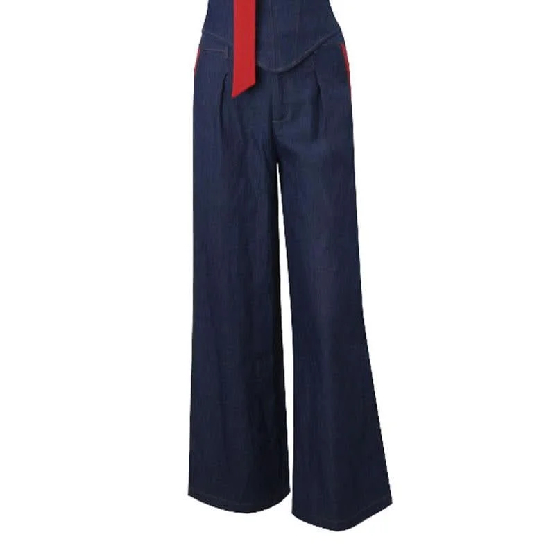 Button pocket lace hem ruched wide leg jeans Trendy Flared Leg Jeans