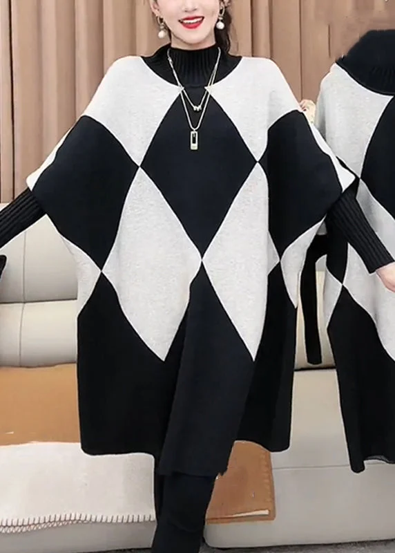French Plaid Turtleneck Loose Knit Sweater Batwing Sleeve Silk Blend Satin Velvet
