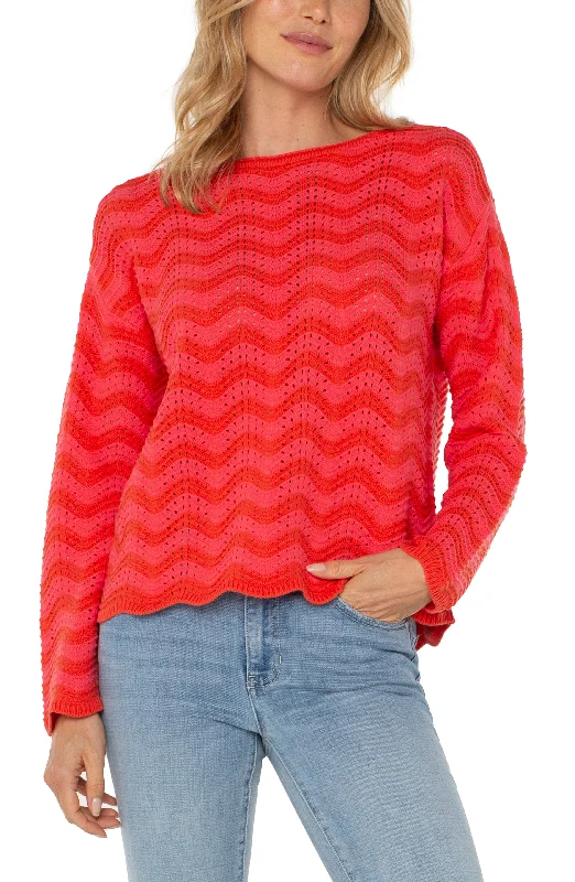 Liverpool Long Sleeve Boat Neck Scallop Hem Sweater (Pink/Red Stripe) Notch Collar Peter Pan Collar Cowl Neck Liverpool Long Sleeve Boat Neck Scallop Hem Sweater (Pink/Red Stripe) Notch Collar Peter Pan Collar Cowl Neck