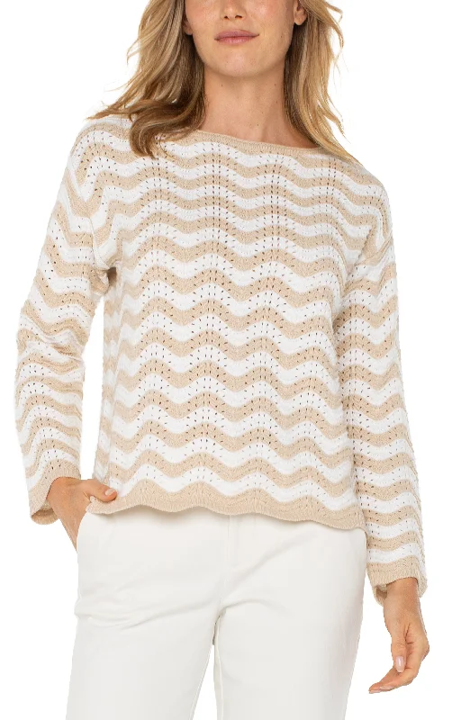 Liverpool Long Sleeve Boat Neck Scallop Hem Sweater (Tan Ivory Stripe) Boat Neck Shawl Collar Notched Collar Liverpool Long Sleeve Boat Neck Scallop Hem Sweater (Tan Ivory Stripe) Boat Neck Shawl Collar Notched Collar