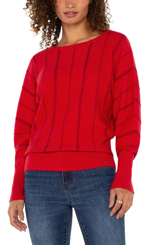 Liverpool Long Sleeve Dolman Sweater with Stripe (Tango Red) Sequined Glittery Shiny Liverpool Long Sleeve Dolman Sweater with Stripe (Tango Red) Sequined Glittery Shiny