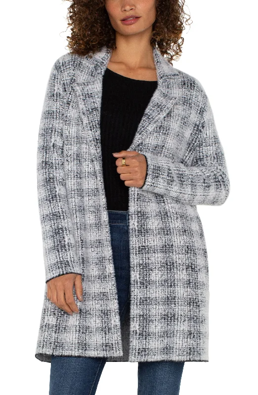 Liverpool Open Front Coatigan Sweater (Grey White Plaid) Stylish Fashionable Trendy