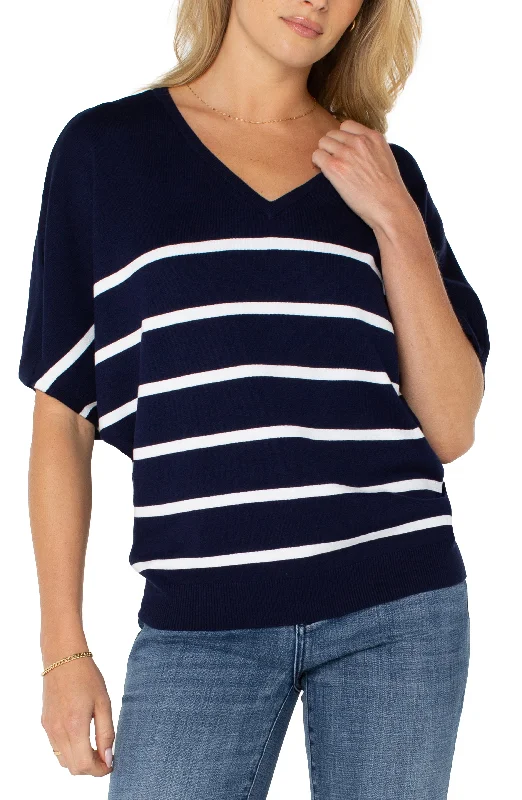 Liverpool Short Sleeve Dolman V-neck Sweater (Navy White Stripe) Toggled Drawstring Belted Liverpool Short Sleeve Dolman V-neck Sweater (Navy White Stripe) Toggled Drawstring Belted