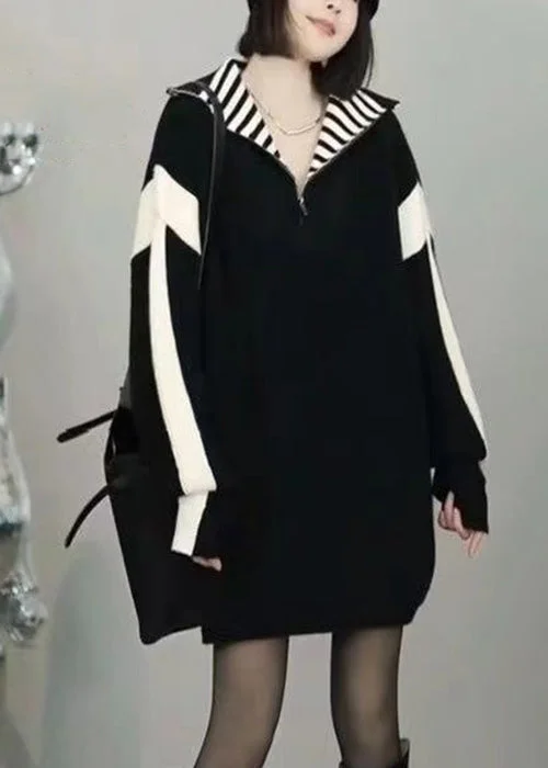 Loose Black Zip Up Patchwork Knit Sweater Winter High Neck Crew Neck V-Neck