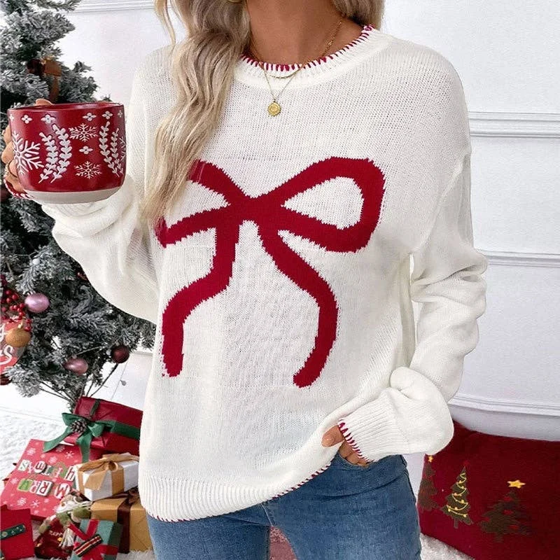 Loose-Fit Long Sleeve Red Bow Christmas Sweater Stretchy Elastic Breathable
