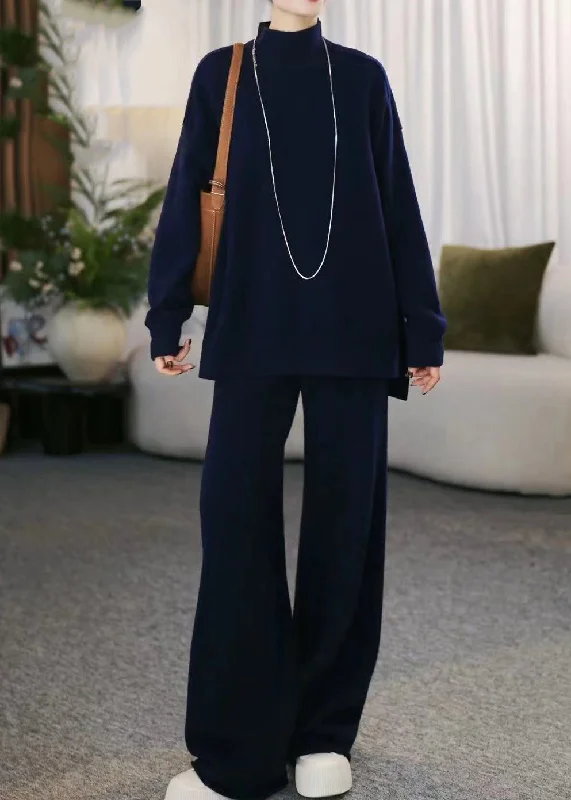 Loose Navy Turtleneck Cotton Knit Sweaters And Wide Leg Pants Two Piece Set Winter Front Pockets Side Pockets Patch Pockets Loose Navy Turtleneck Cotton Knit Sweaters And Wide Leg Pants Two Piece Set Winter Front Pockets Side Pockets Patch Pockets