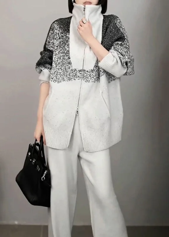 Organic Light Grey Print Zippered Cotton Knit Sweaters And Wide Leg Pants Two Pieces Set Winter Fitted Loose Oversized Organic Light Grey Print Zippered Cotton Knit Sweaters And Wide Leg Pants Two Pieces Set Winter Fitted Loose Oversized