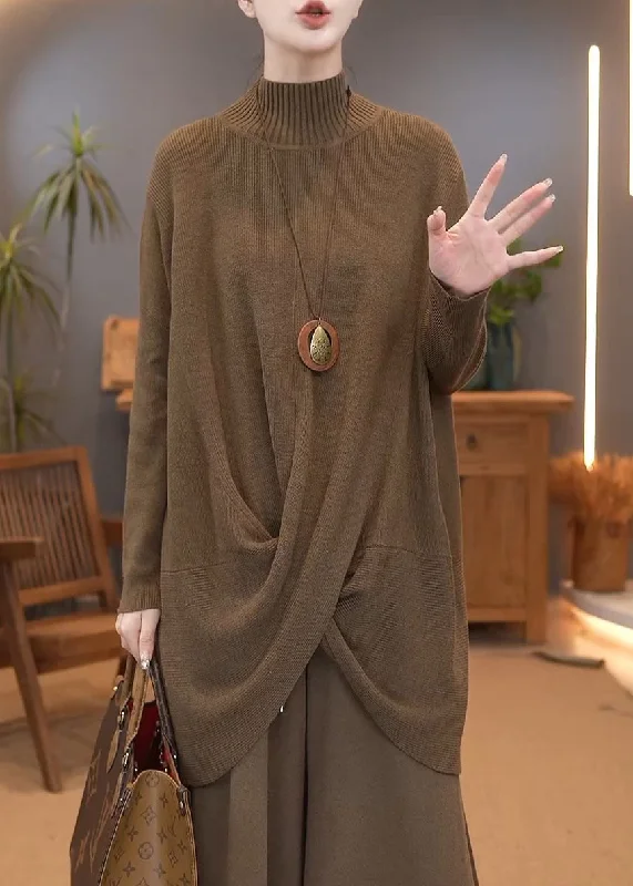 Simple Brown Turtleneck Solid Knit Sweater Winter Ribbed Striped Patterned