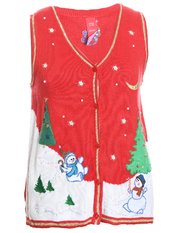 Snowman Design Red Knit Sweater Vest  - S Graphic Sweater Embroidered Appliqued