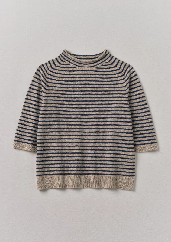 Stripe Wool Cashmere Half Sleeve Sweater | Biscuit/Anthracite Denim Fabric Leather Fabric Suede Fabric